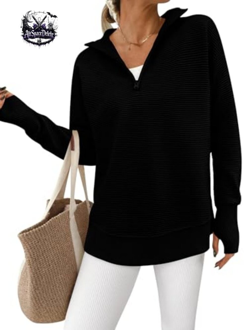 Womens Ribbed Knit Quarter Zip Pullover Sweater Long Sleeve